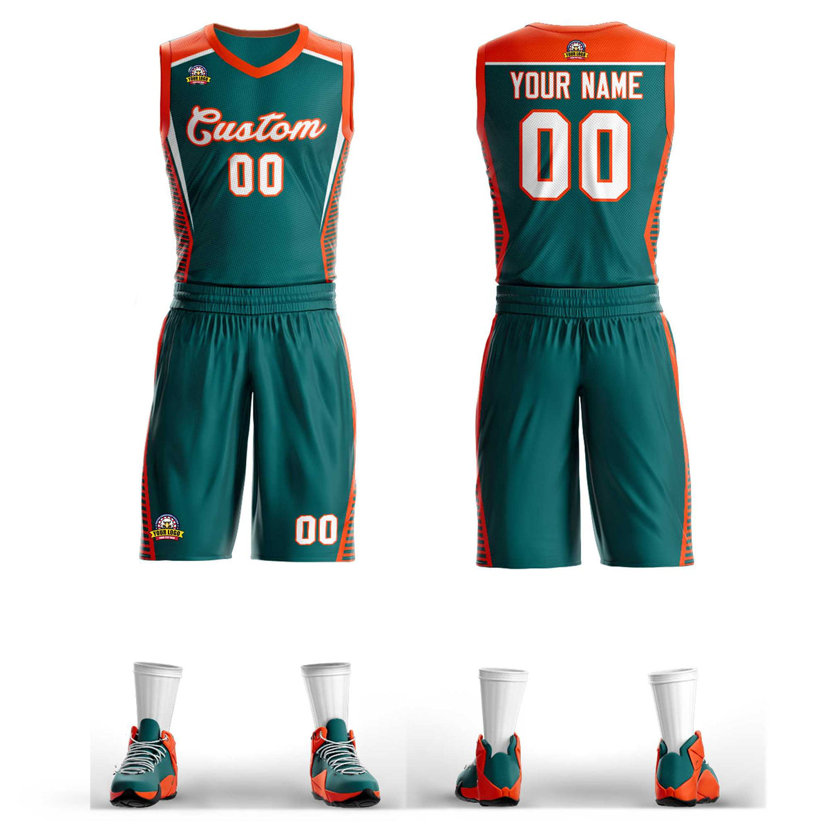Maillot de basket-ball personnalisé Aqua blanc-orange Classic Kits Mesh