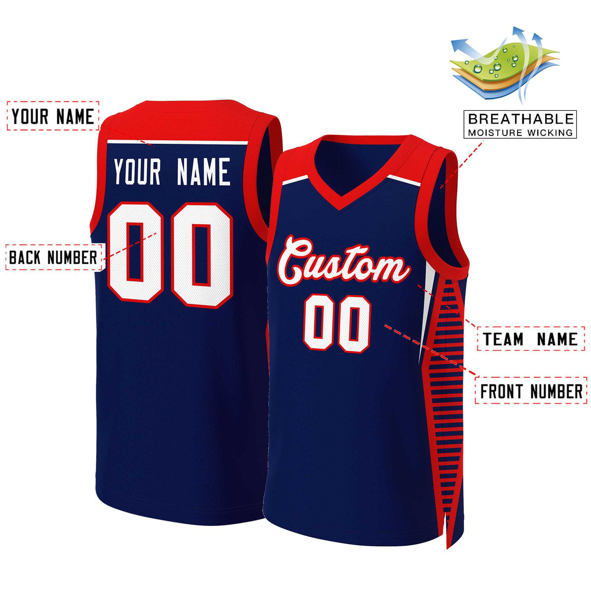 Maillot de basket-ball classique personnalisé bleu marine, blanc et rouge