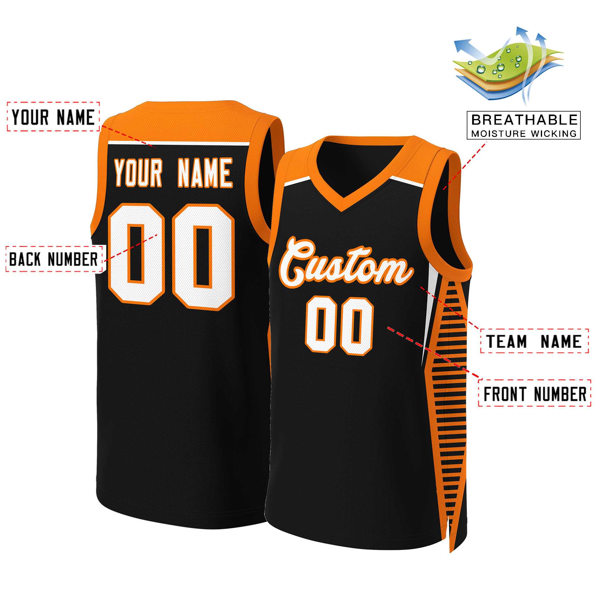 Benutzerdefinierte schwarz weiß-orange Classic Tops Mesh Basketball Jersey
