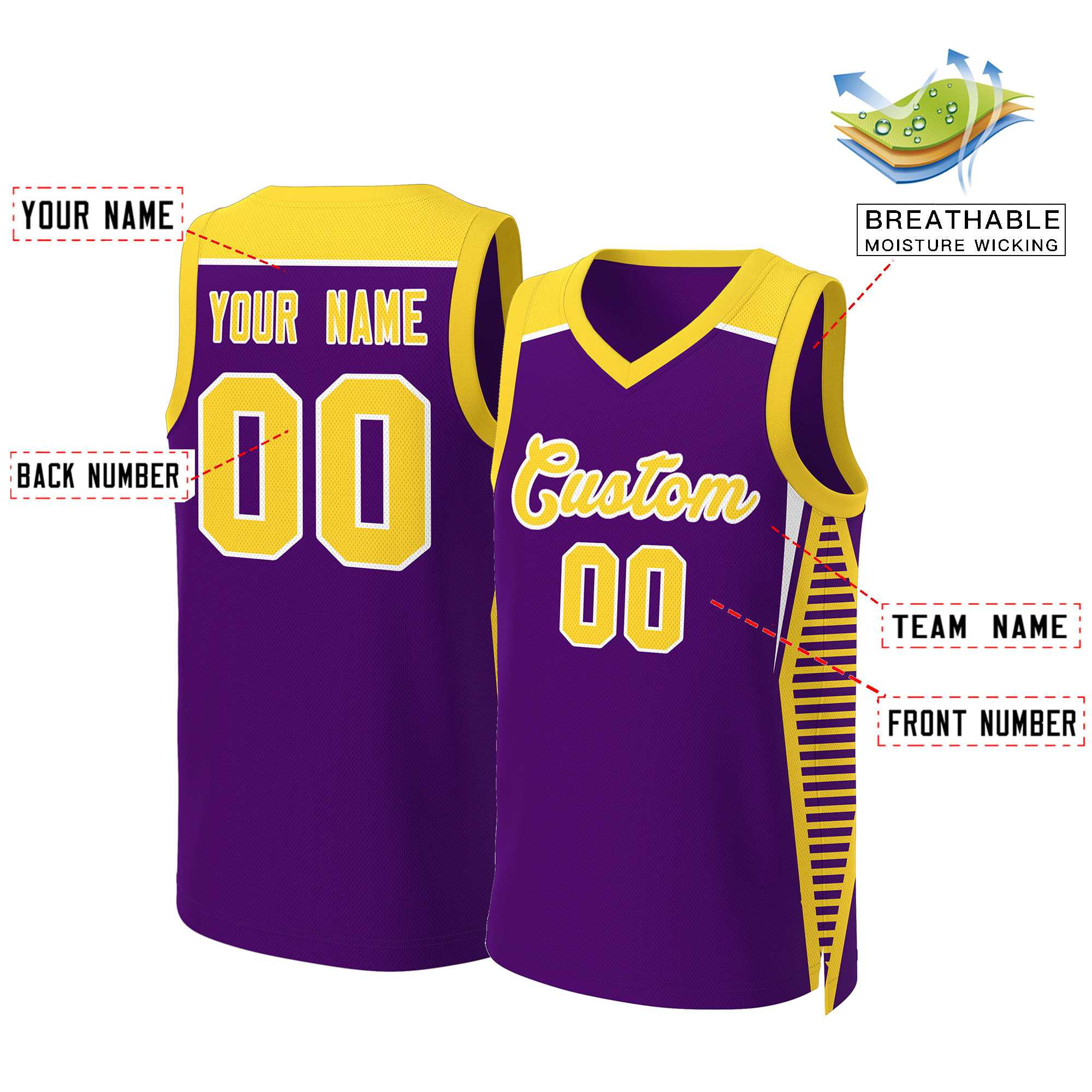 Maillot de basket-ball classique personnalisé violet, or et blanc