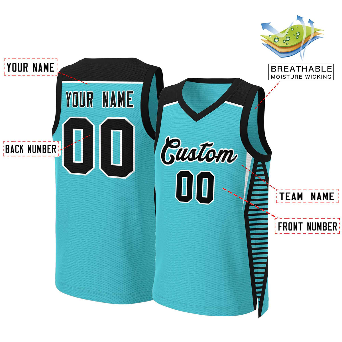 Maillot de basket-ball classique Aqua noir et blanc personnalisé en maille
