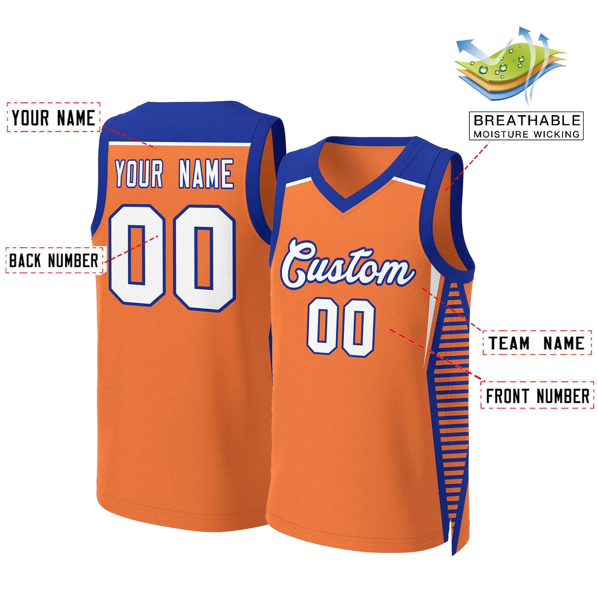 Benutzerdefinierte Orange Weiß-Royal Classic Tops Mesh Basketball Jersey
