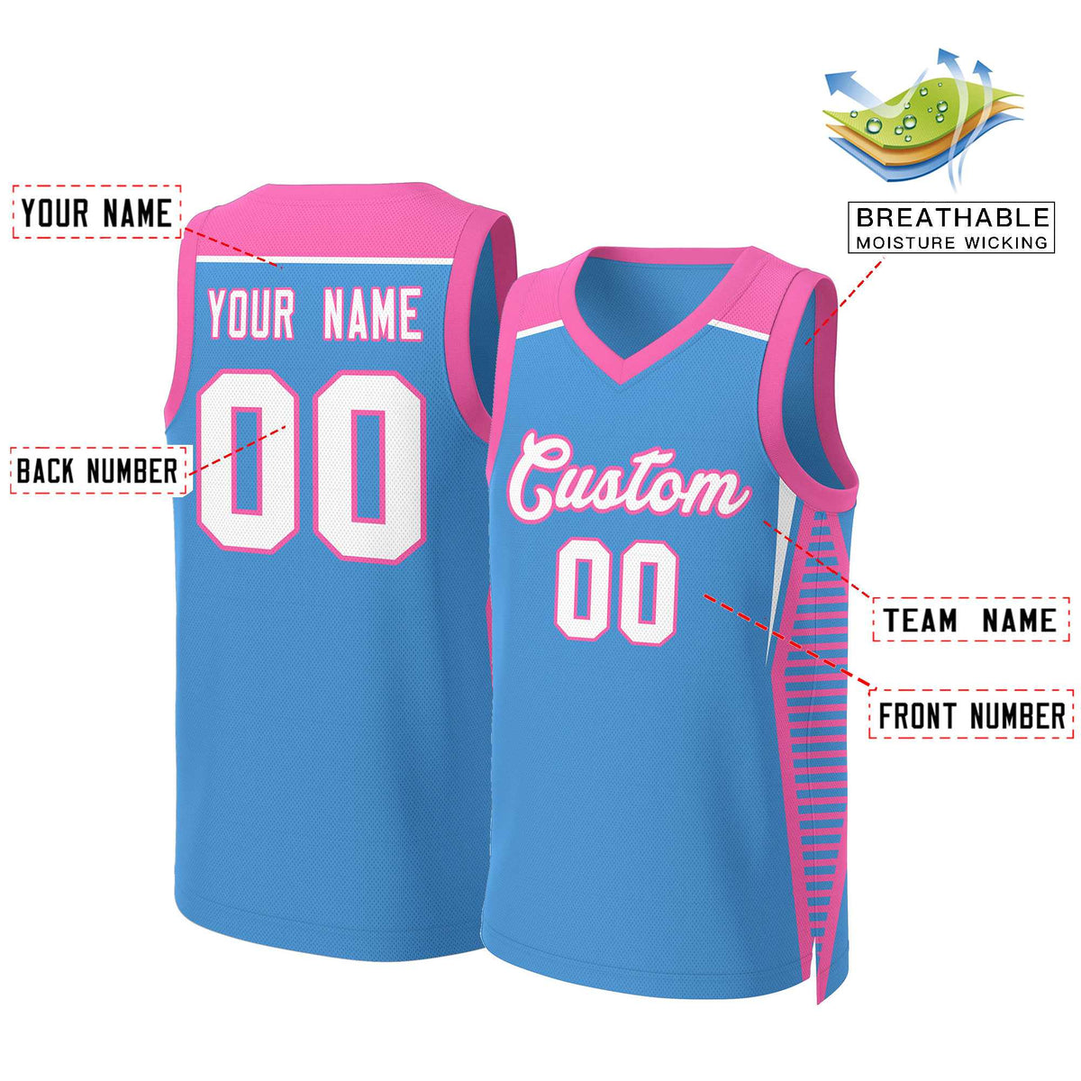 Maillot de basket-ball classique personnalisé bleu poudre, blanc et rose
