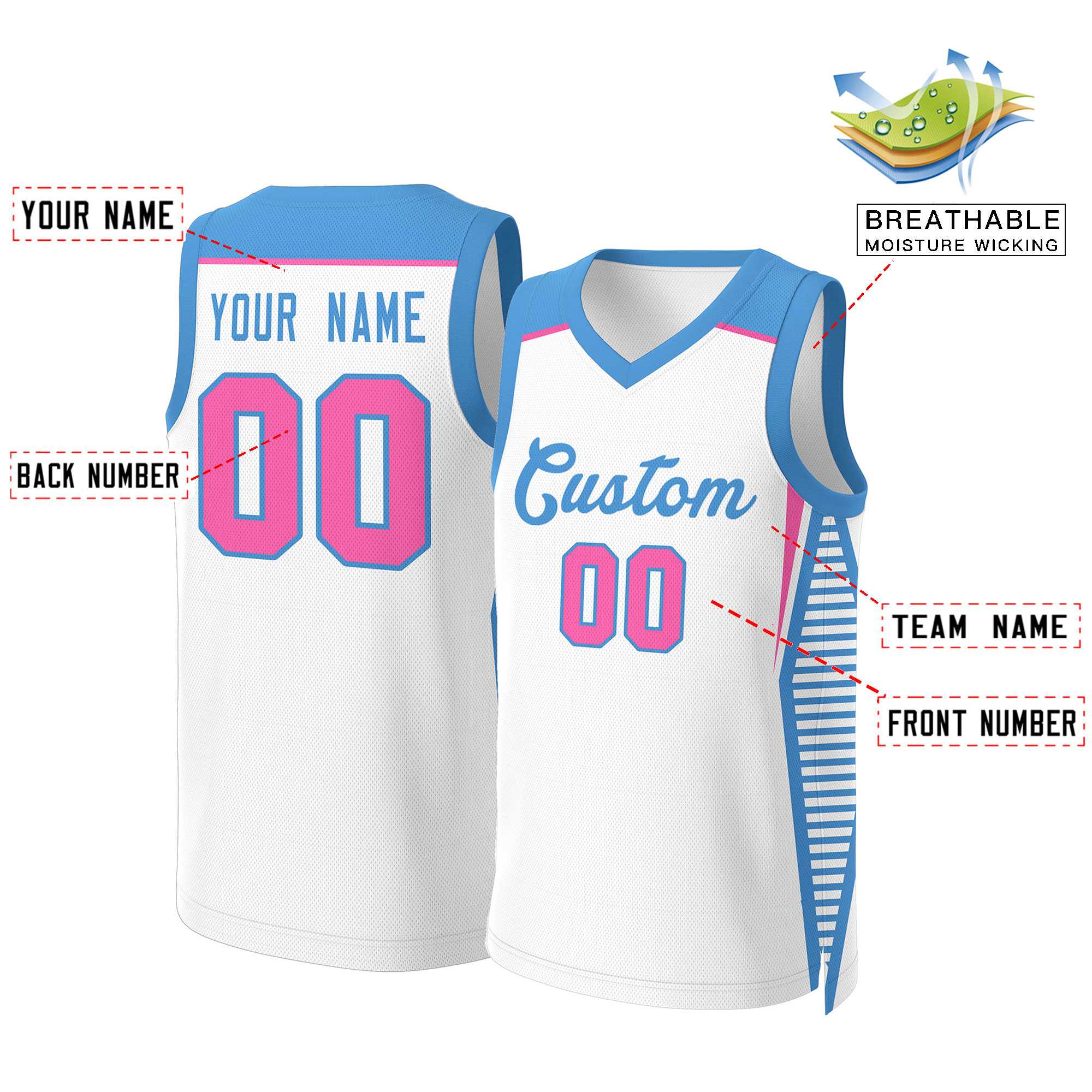 Maillot de basket-ball classique bleu poudre blanc personnalisé en maille
