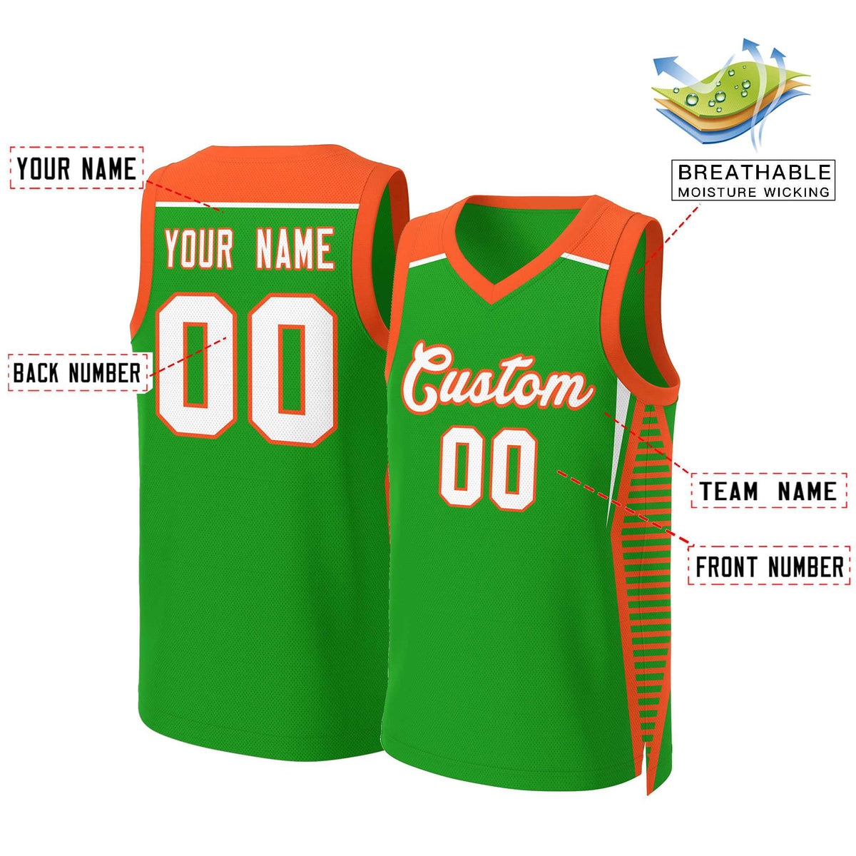 Maillot de basket-ball classique vert-orange personnalisé en maille