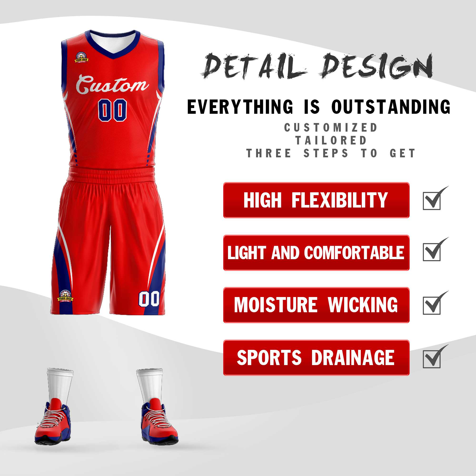 Custom Red White Classic Kits Mesh Basketball Jersey