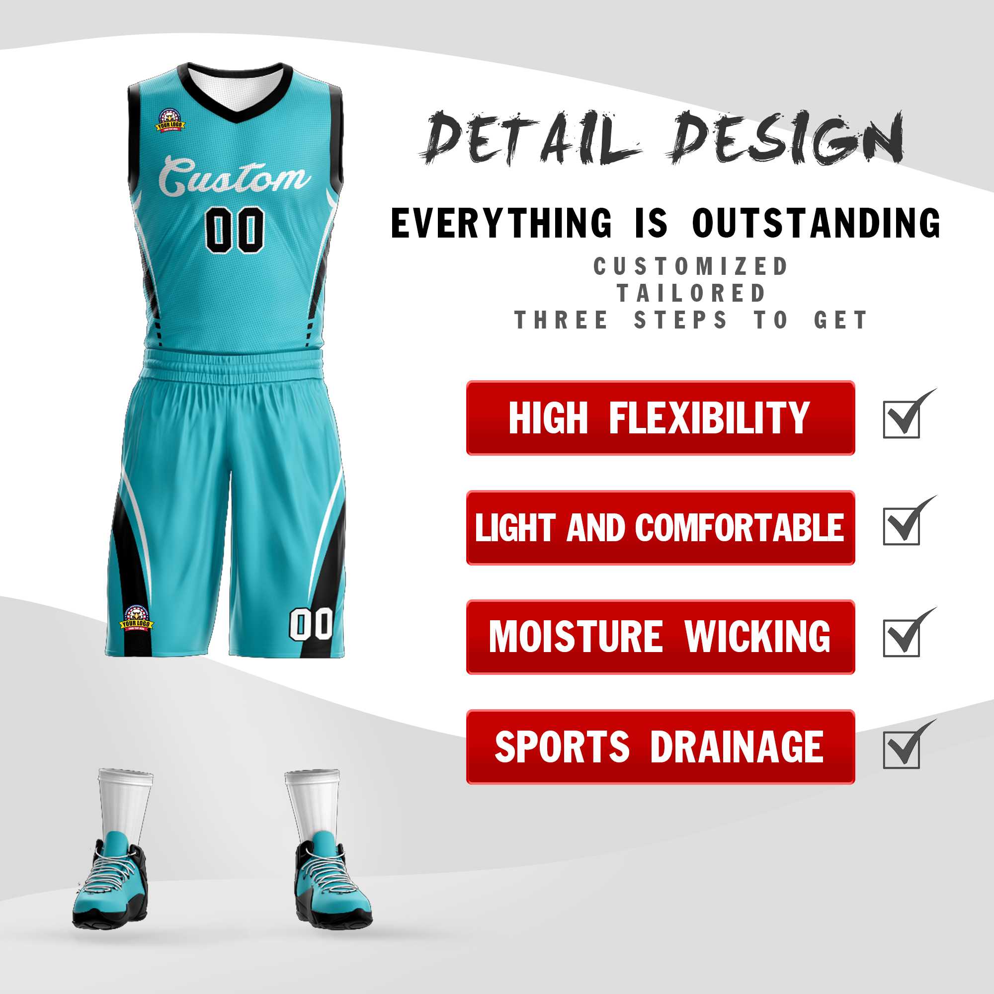 Benutzerdefinierte Aqua Weiß Classic Kits Mesh Basketball Jersey