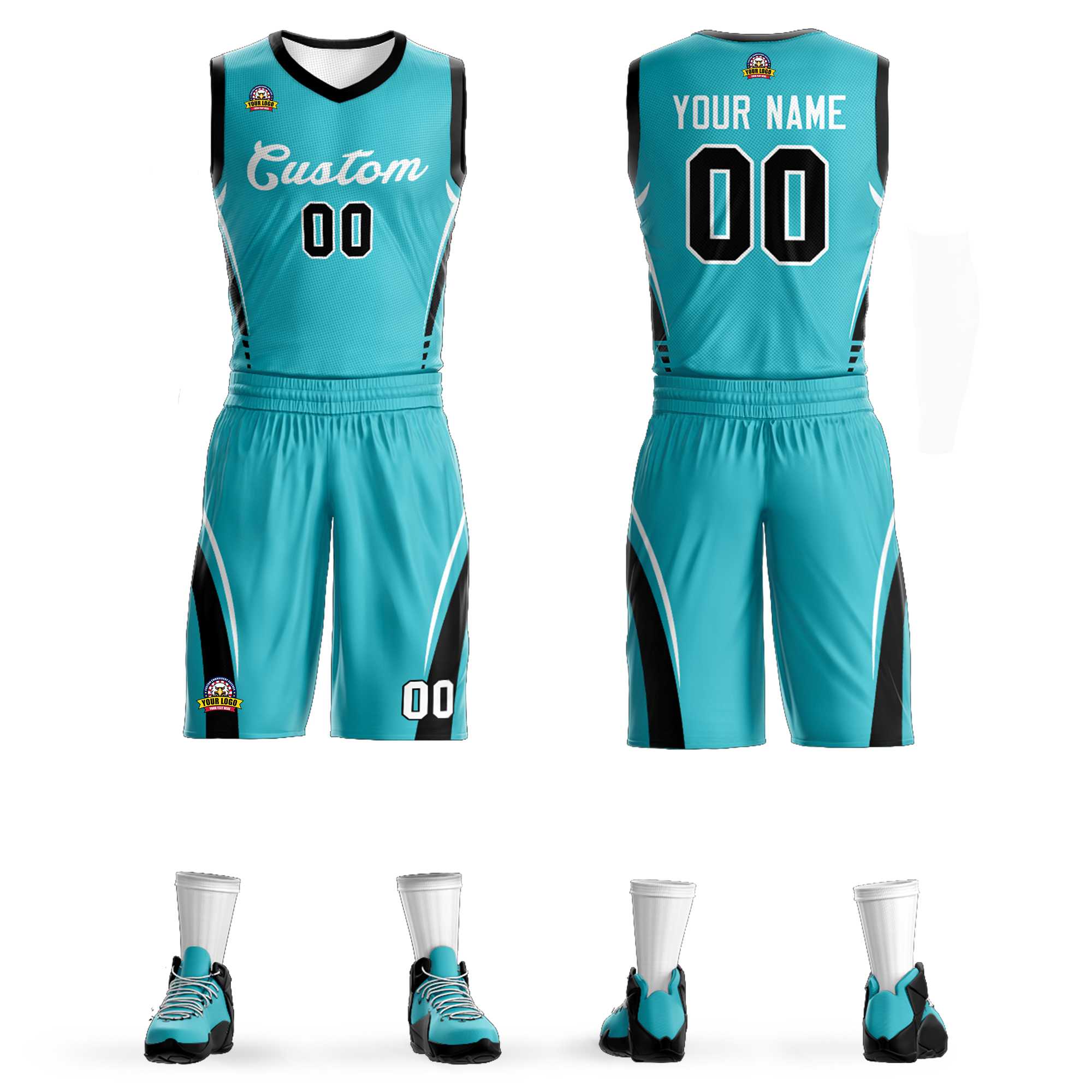 Benutzerdefinierte Aqua Weiß Classic Kits Mesh Basketball Jersey