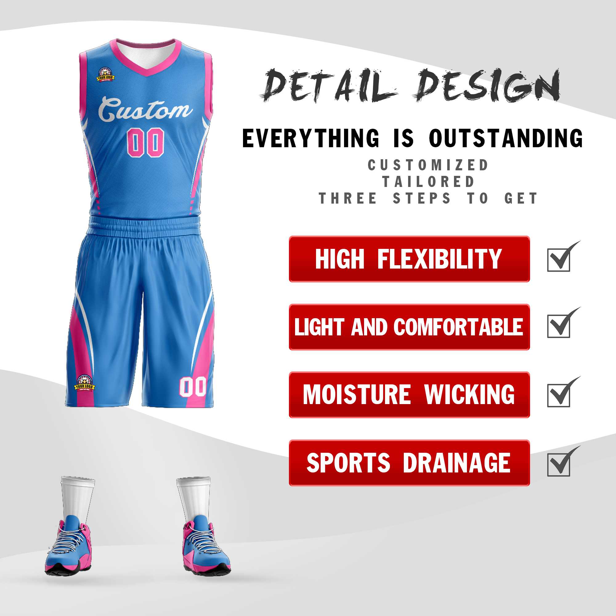 Custom Powder Blue White Classic Kits Mesh Basketball Jersey