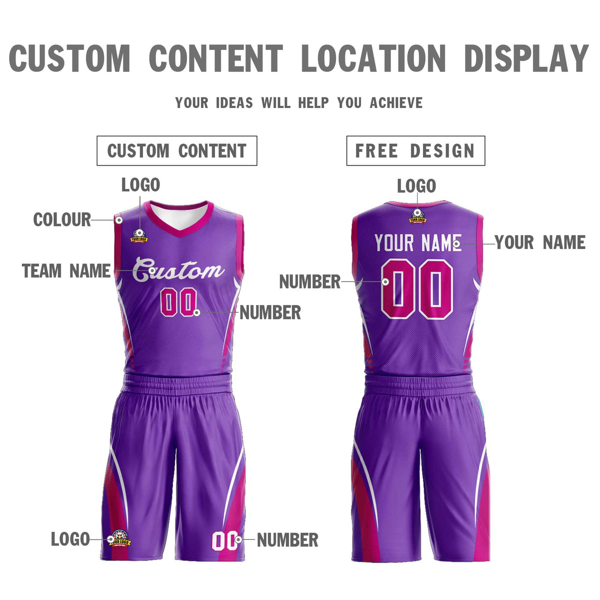 Maillot de basket-ball classique violet et blanc personnalisé en maille
