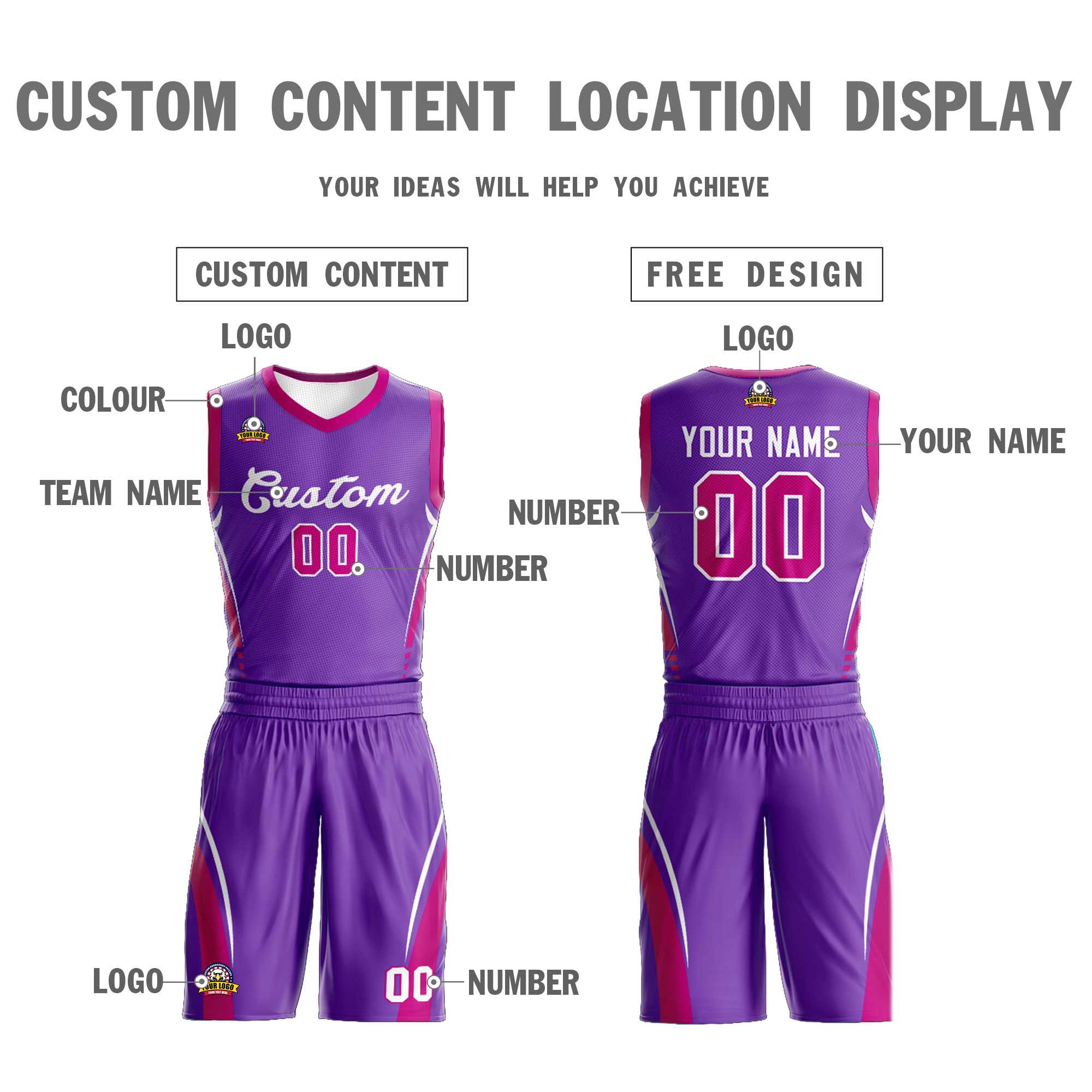 Maillot de basket-ball classique violet et blanc personnalisé en maille