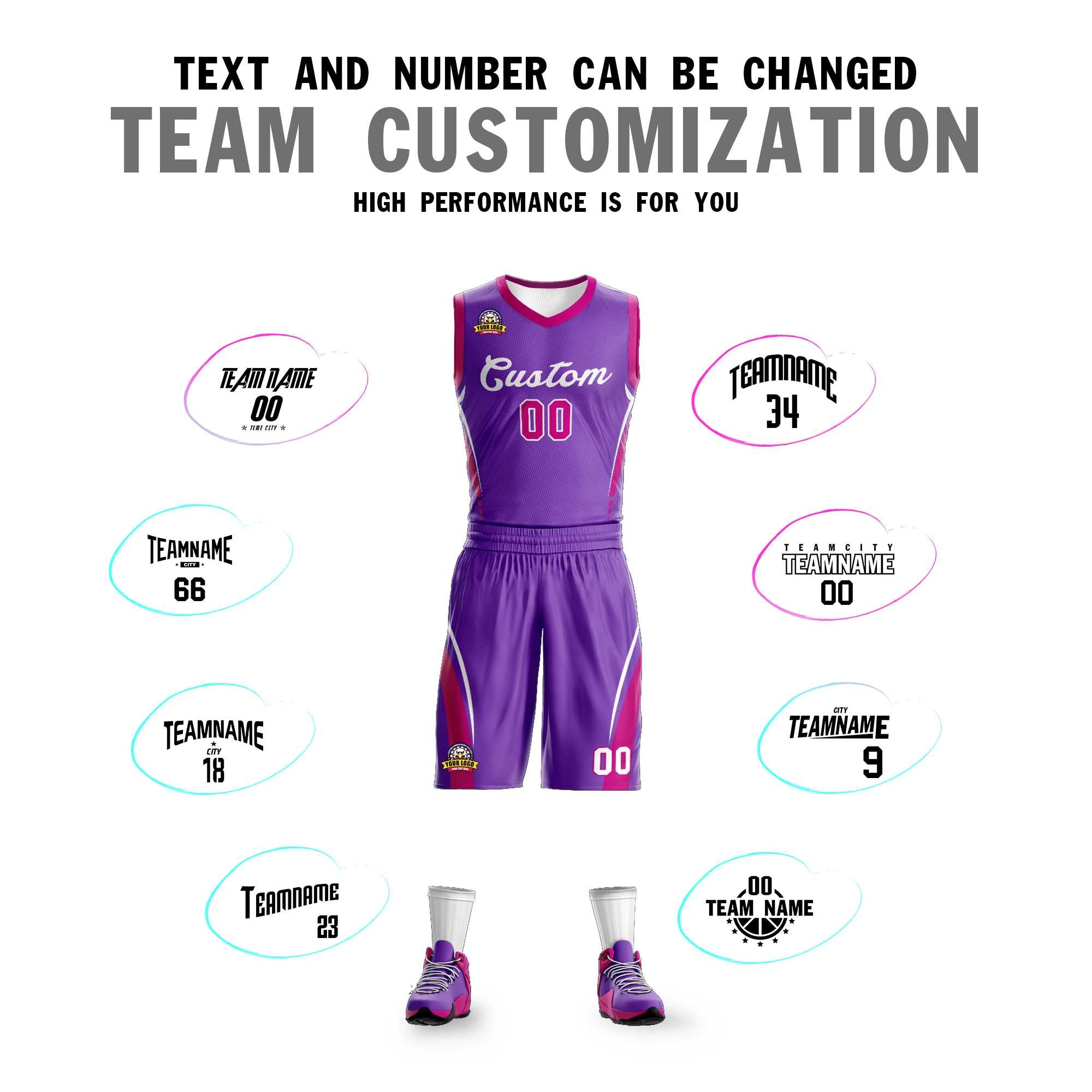 Maillot de basket-ball classique violet et blanc personnalisé en maille