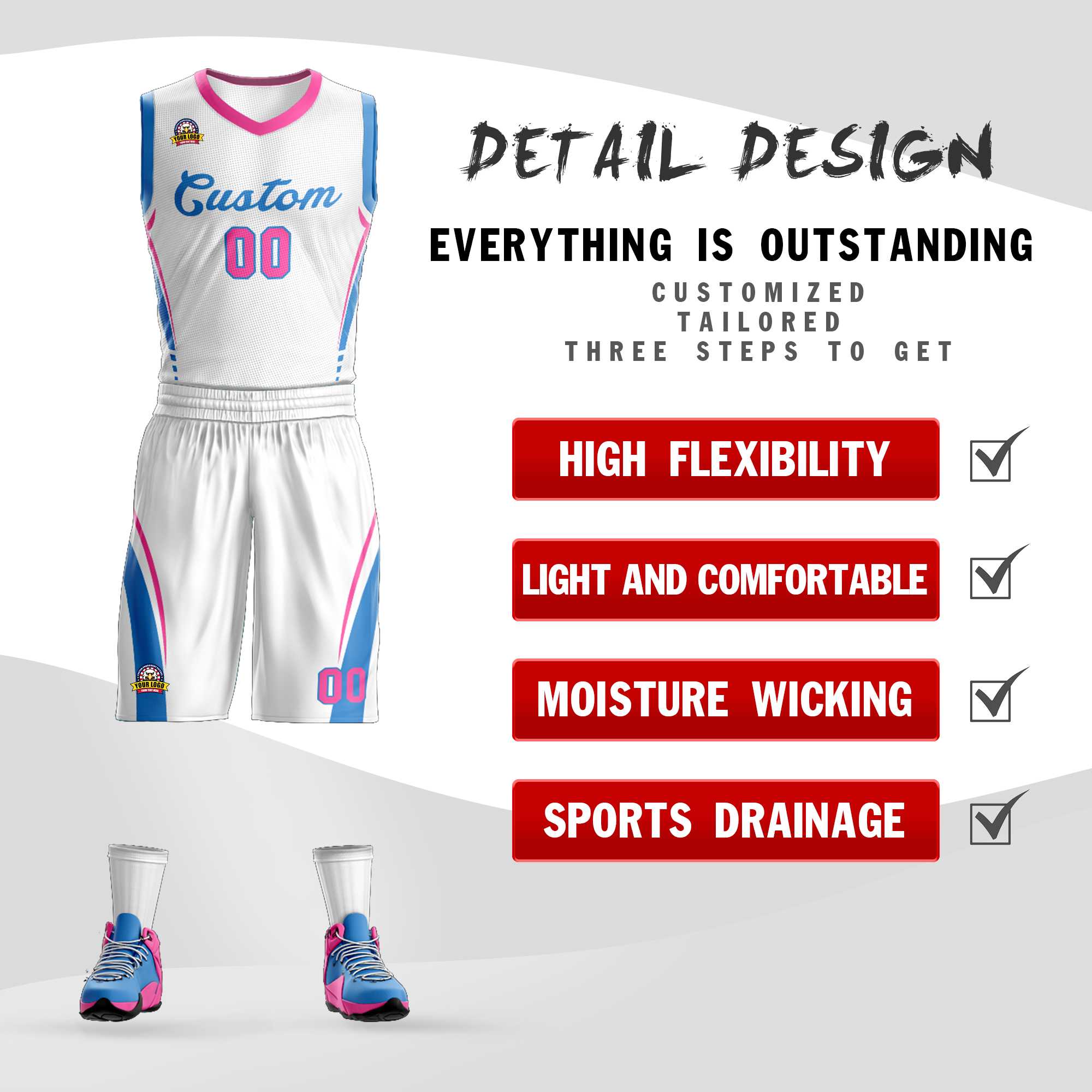 Custom White Blue Classic Kits Mesh Basketball Jersey