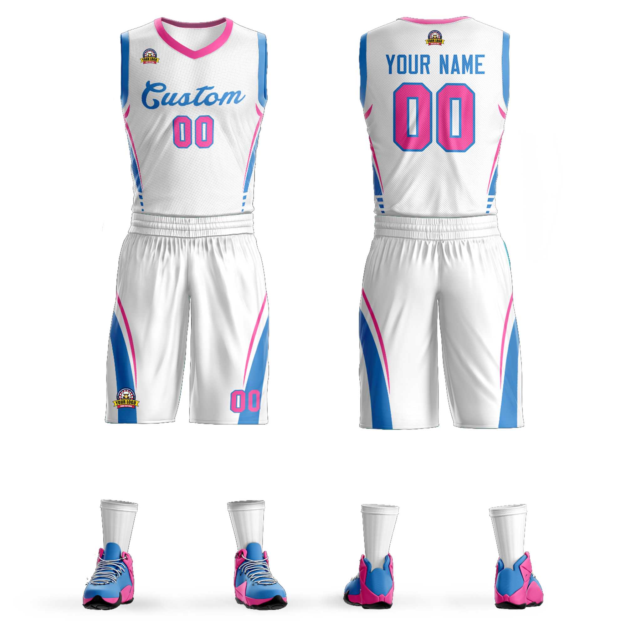 Custom White Blue Classic Kits Mesh Basketball Jersey