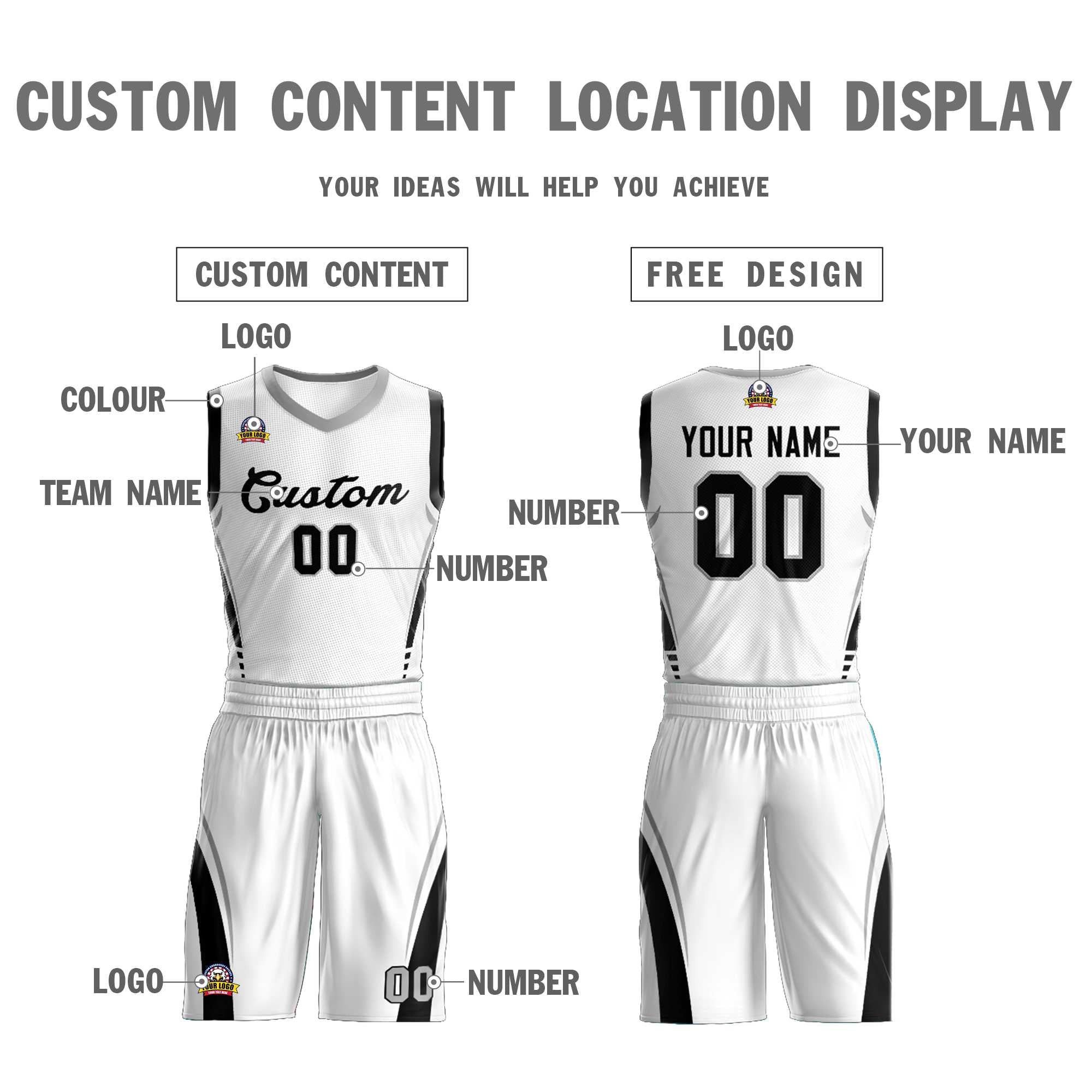 Custom White Black Classic Kits Mesh Basketball Jersey