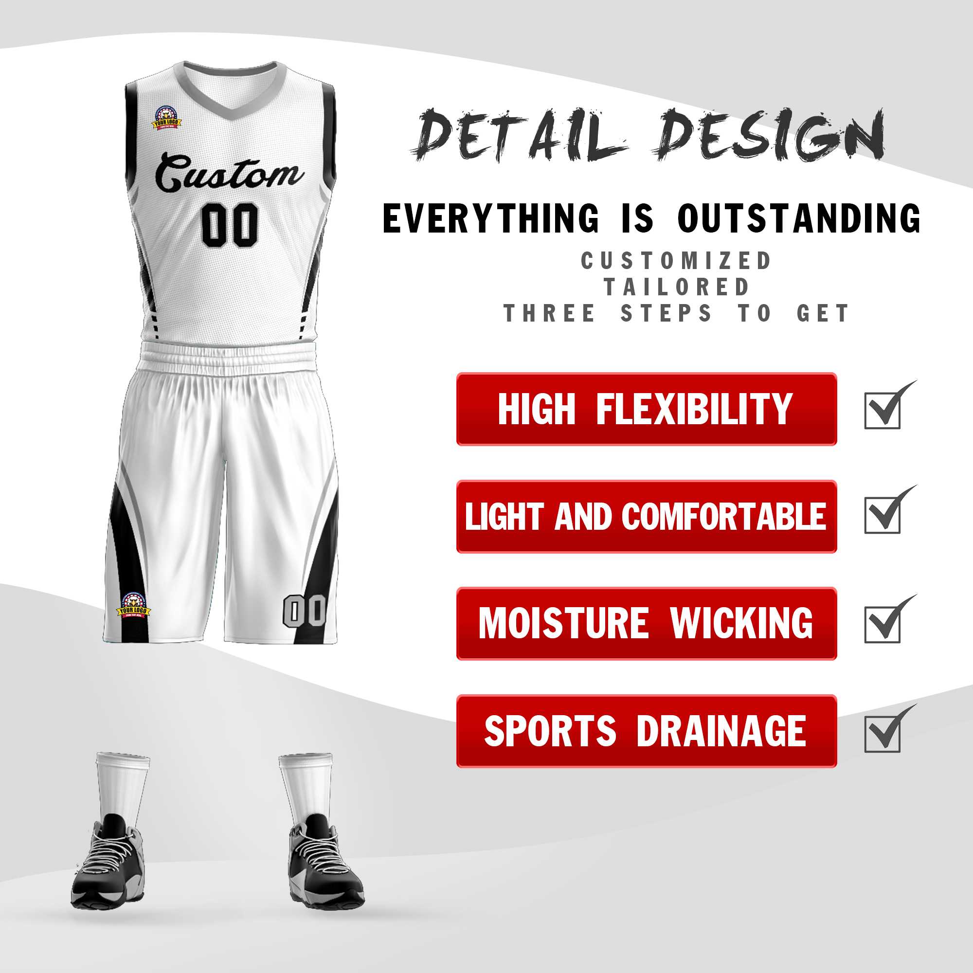 Custom White Black Classic Kits Mesh Basketball Jersey