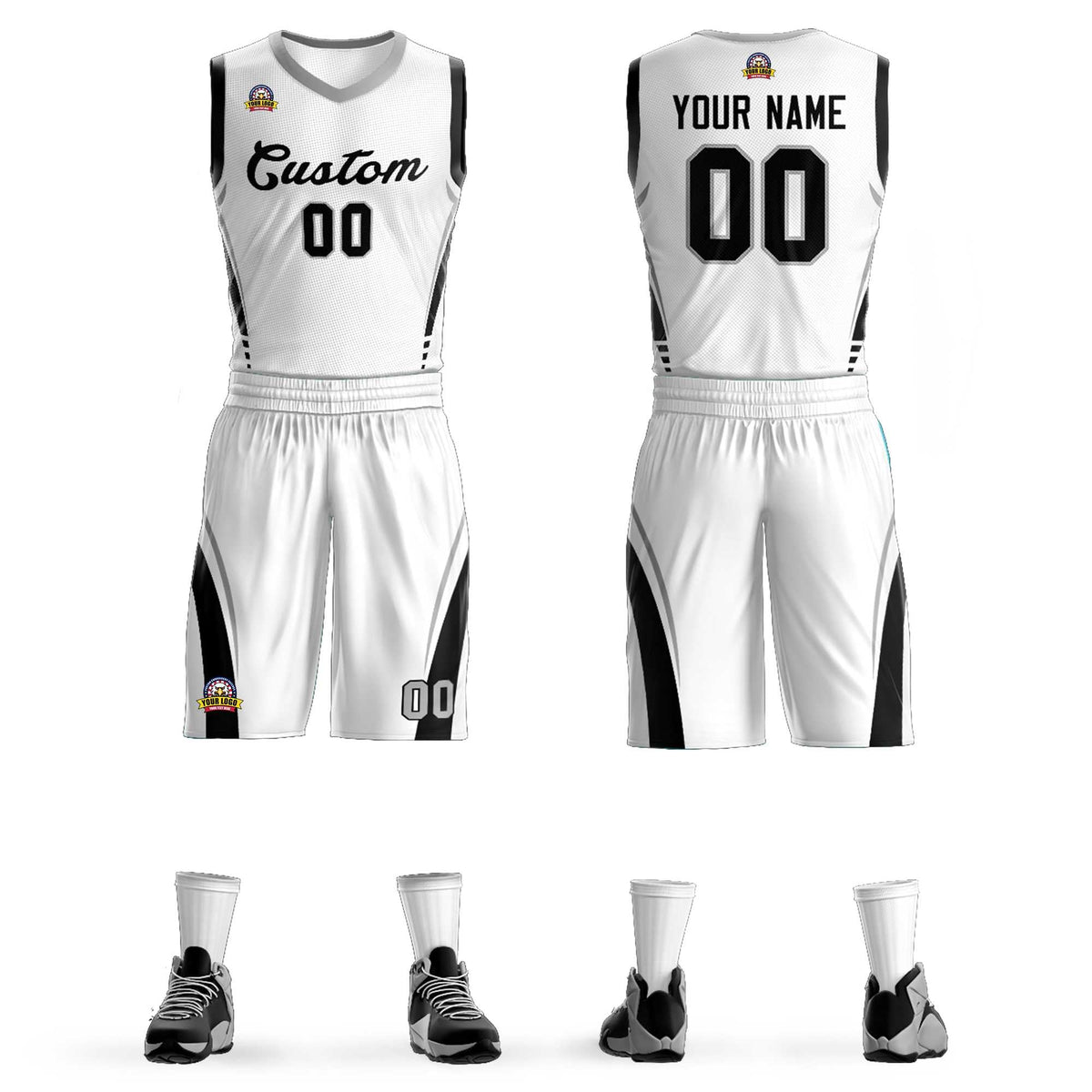 Maillot de basket-ball classique personnalisé blanc et noir en maille