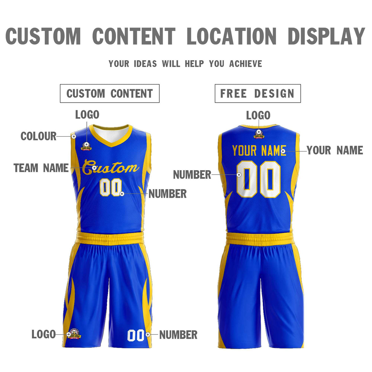 Maillot de basket-ball personnalisé Royal Gold Classic Kits Mesh