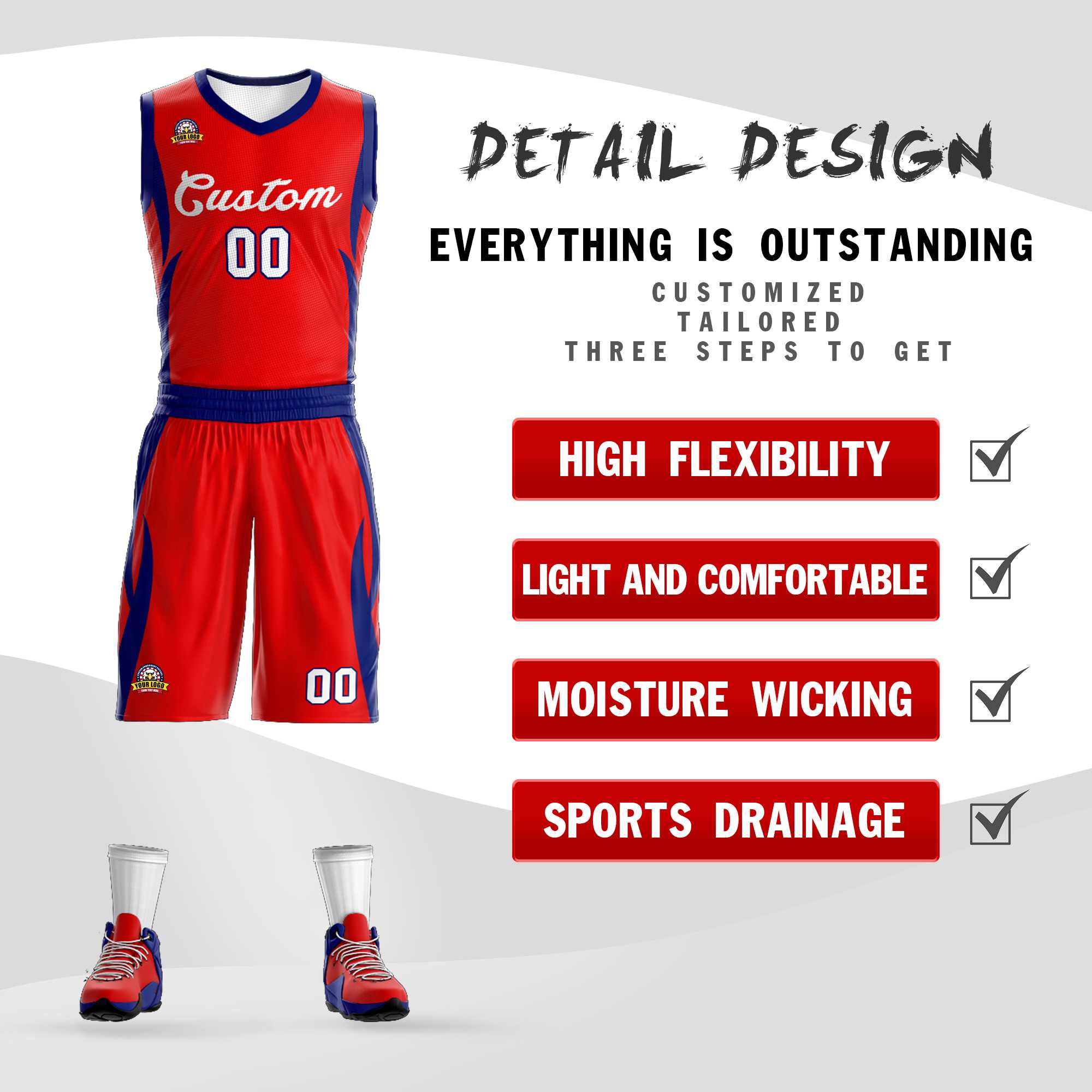 Custom Red White Classic Kits Mesh Basketball Jersey