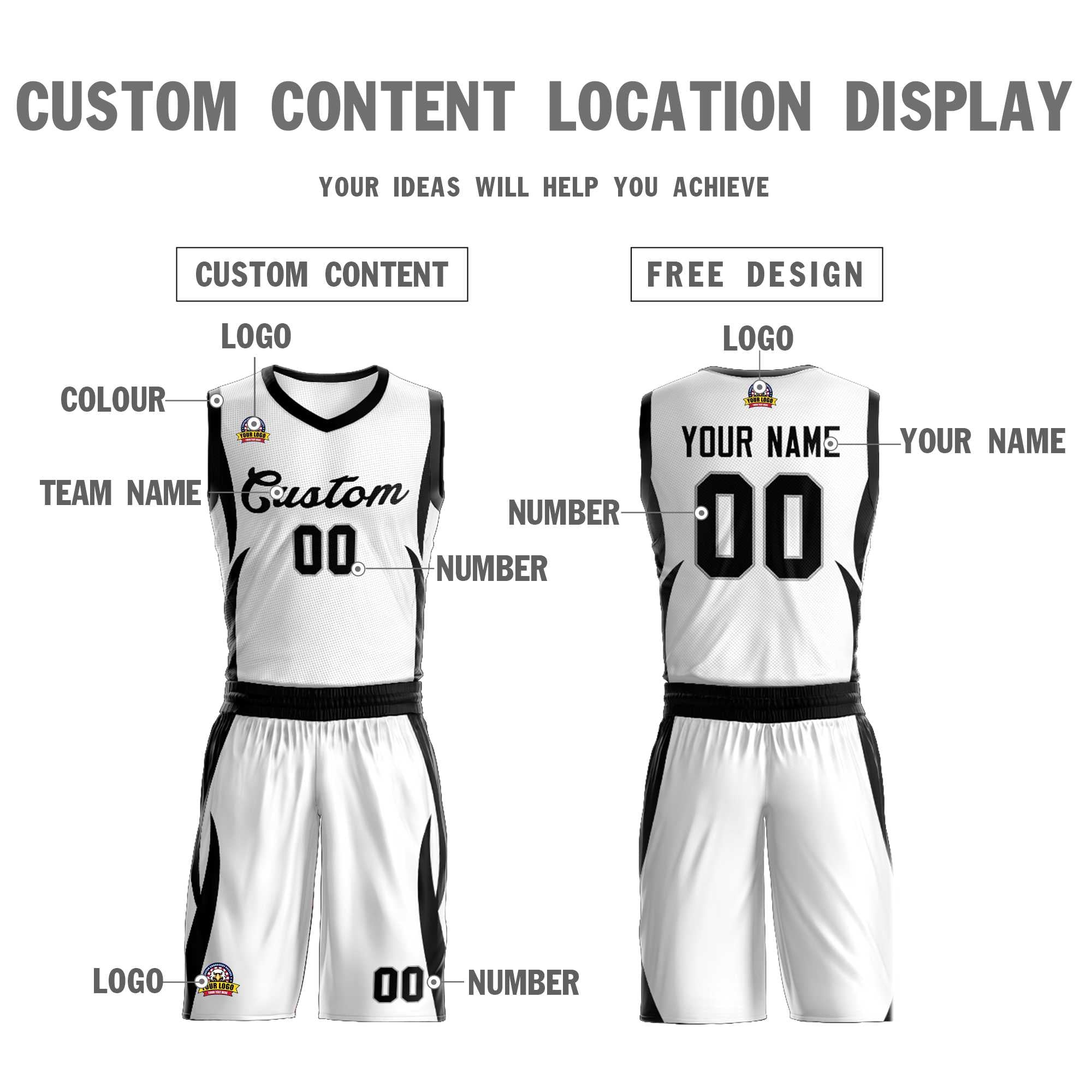 Custom White Black Classic Kits Mesh Basketball Jersey