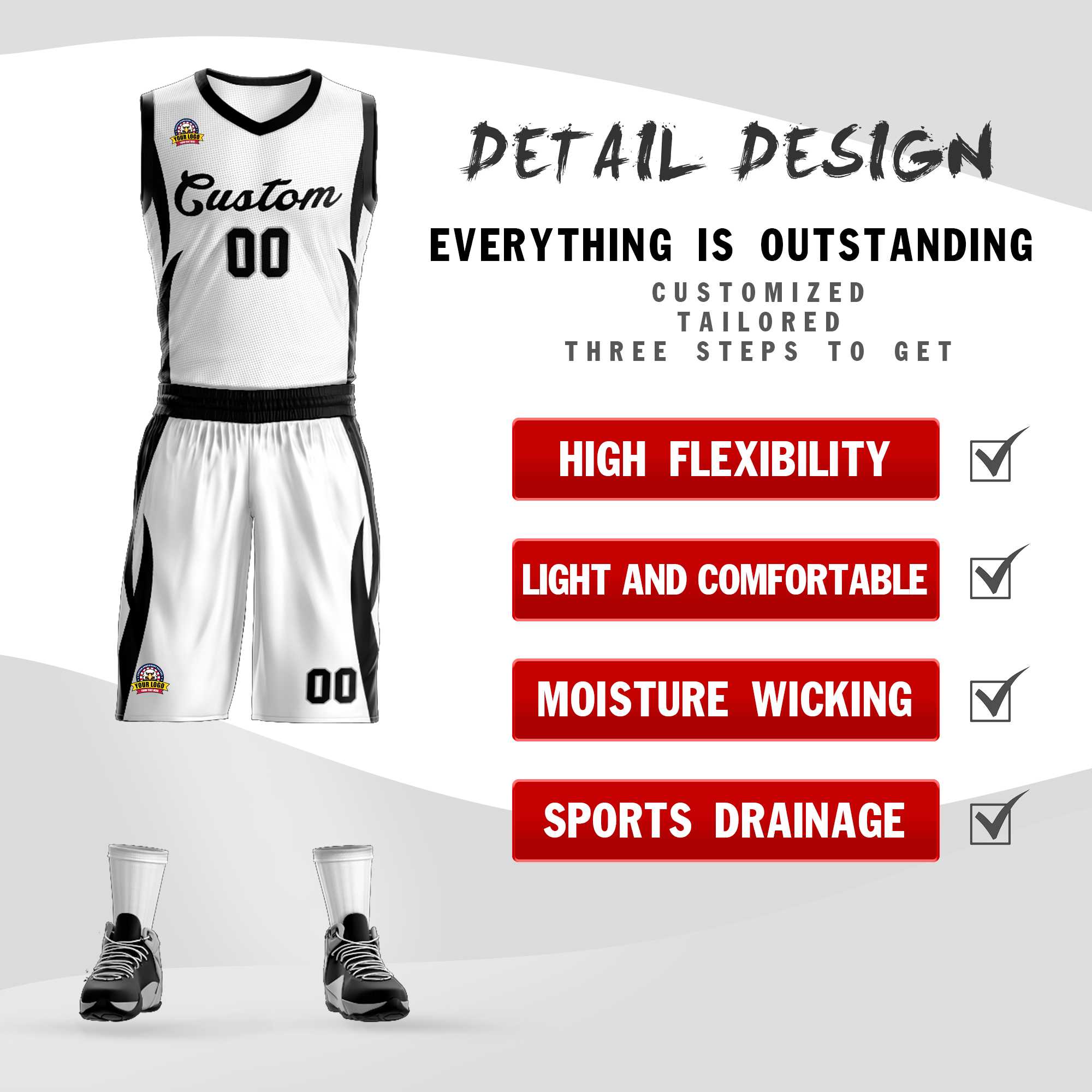 Custom White Black Classic Kits Mesh Basketball Jersey