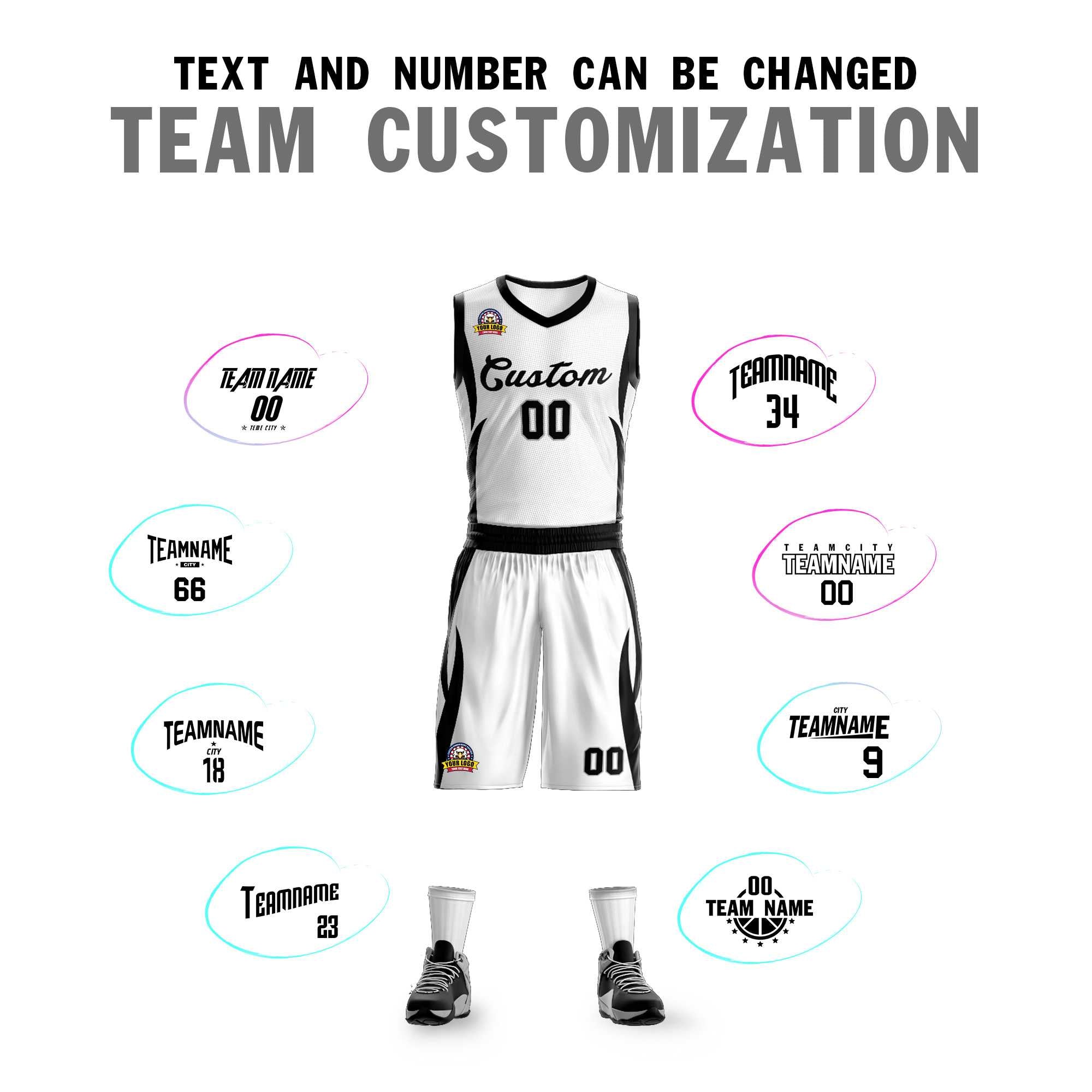 Custom White Black Classic Kits Mesh Basketball Jersey