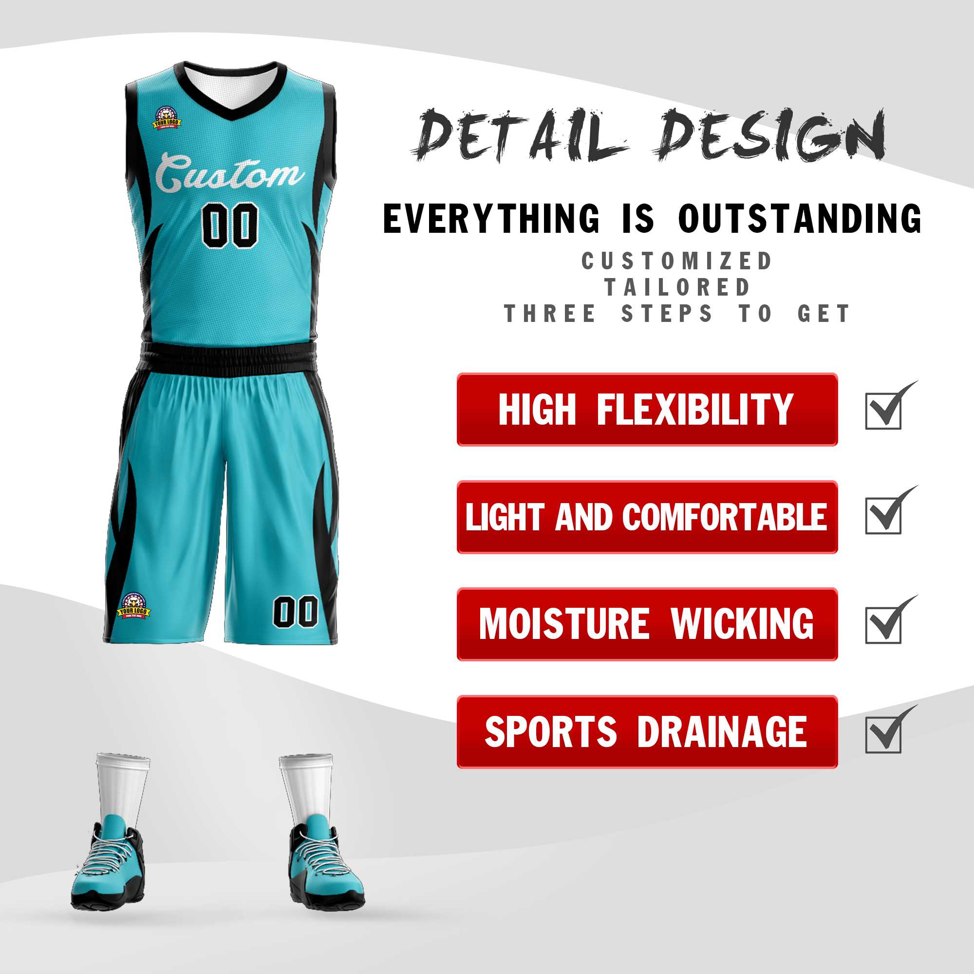 Custom Aqua White Classic Kits Mesh Basketball Jersey