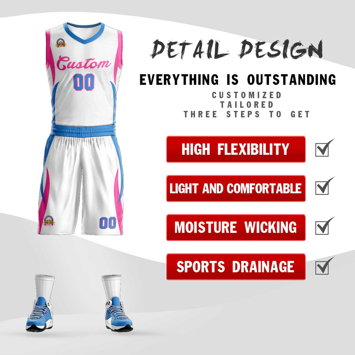 Custom White Pink Classic Kits Mesh Basketball Jersey