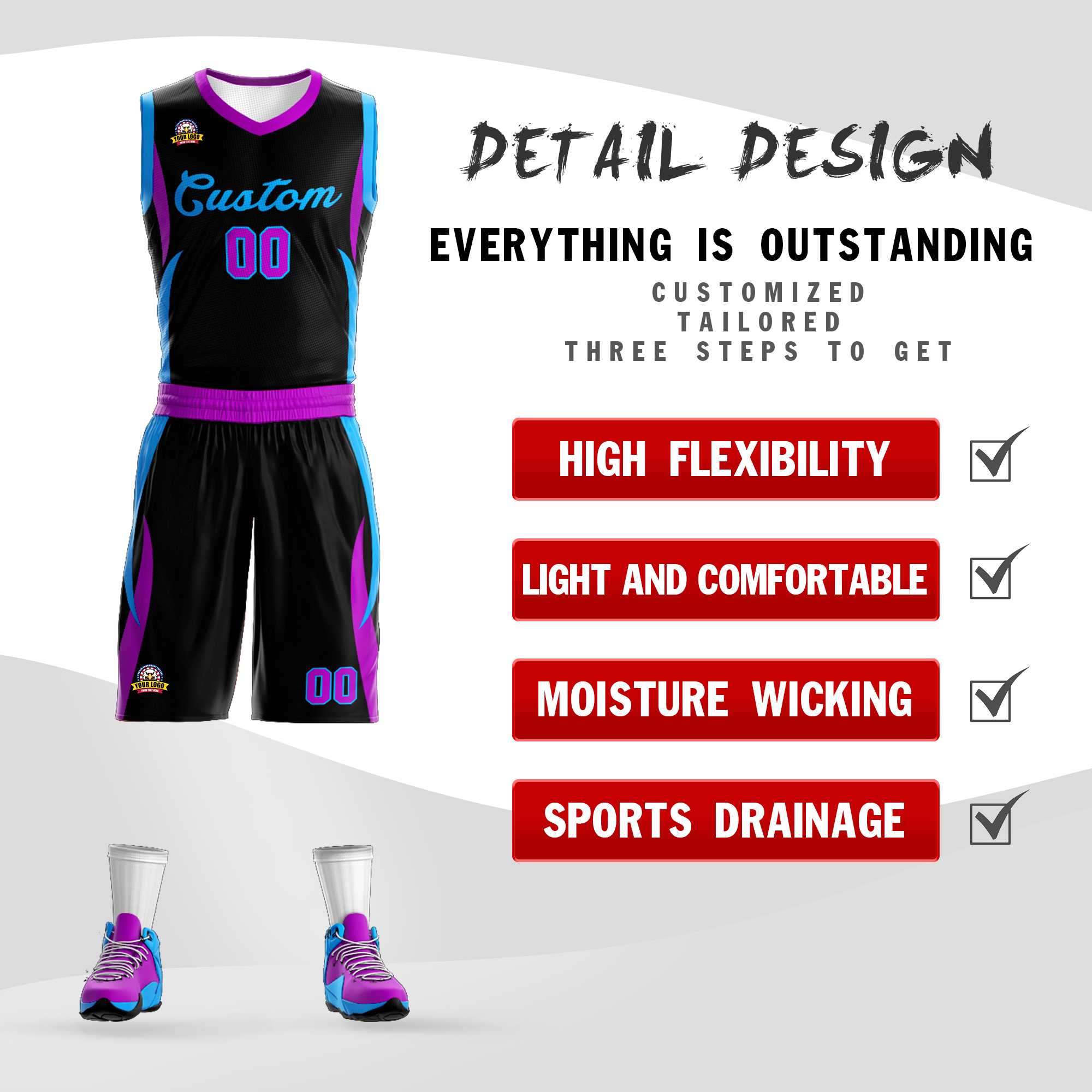 Custom Black Powder Blue Classic Kits Mesh Basketball Jersey