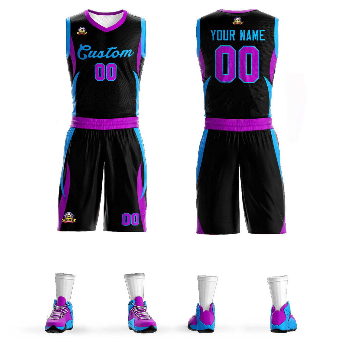 Custom Black Powder Blue Classic Kits Mesh Basketball Jersey