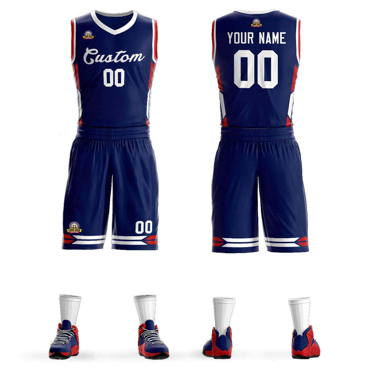 Maillot de basket-ball classique bleu marine et blanc personnalisé en maille