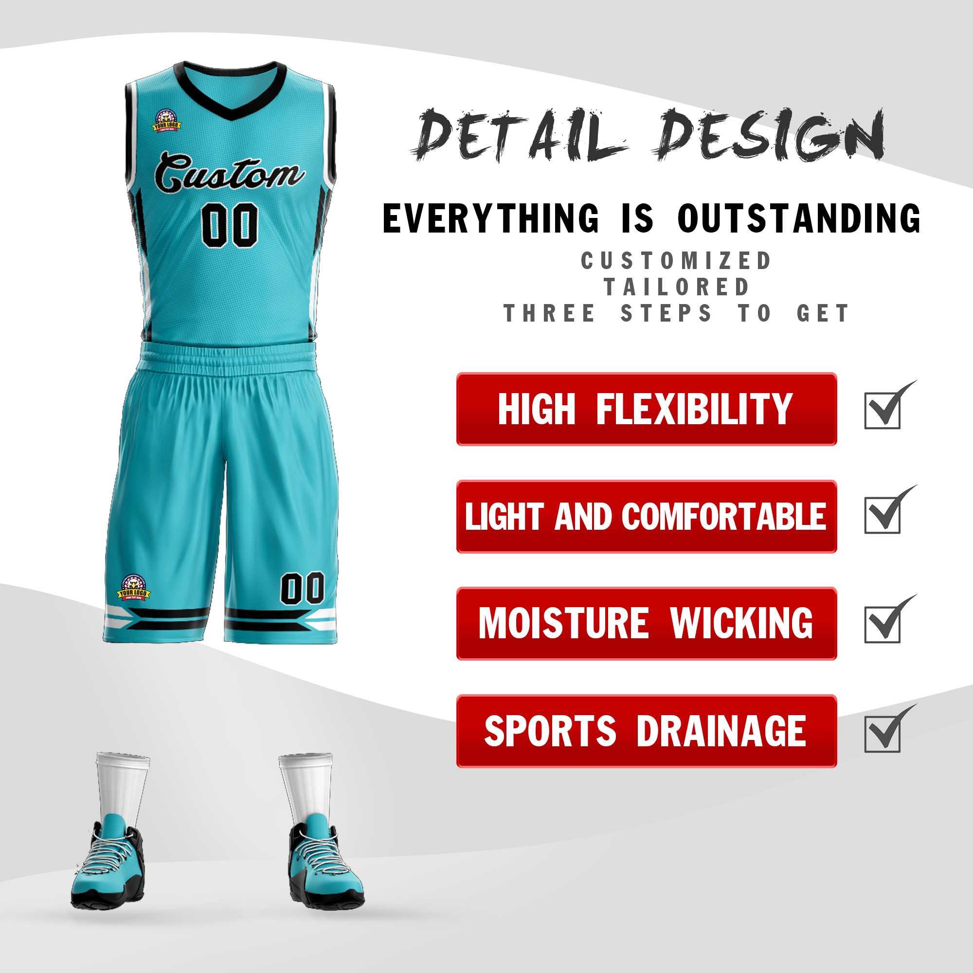Benutzerdefinierte Aqua Schwarz Classic Kits Mesh Basketball Jersey