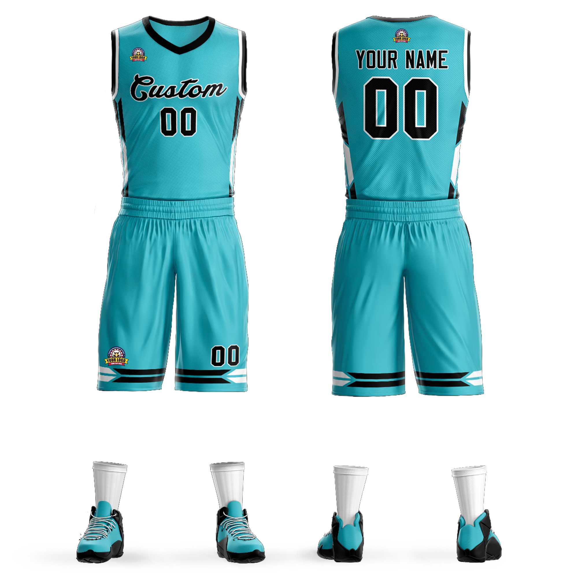 Benutzerdefinierte Aqua Schwarz Classic Kits Mesh Basketball Jersey
