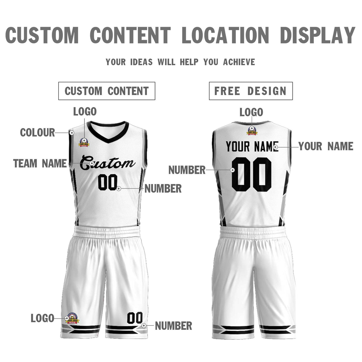 Custom White Black Classic Kits Mesh Basketball Jersey