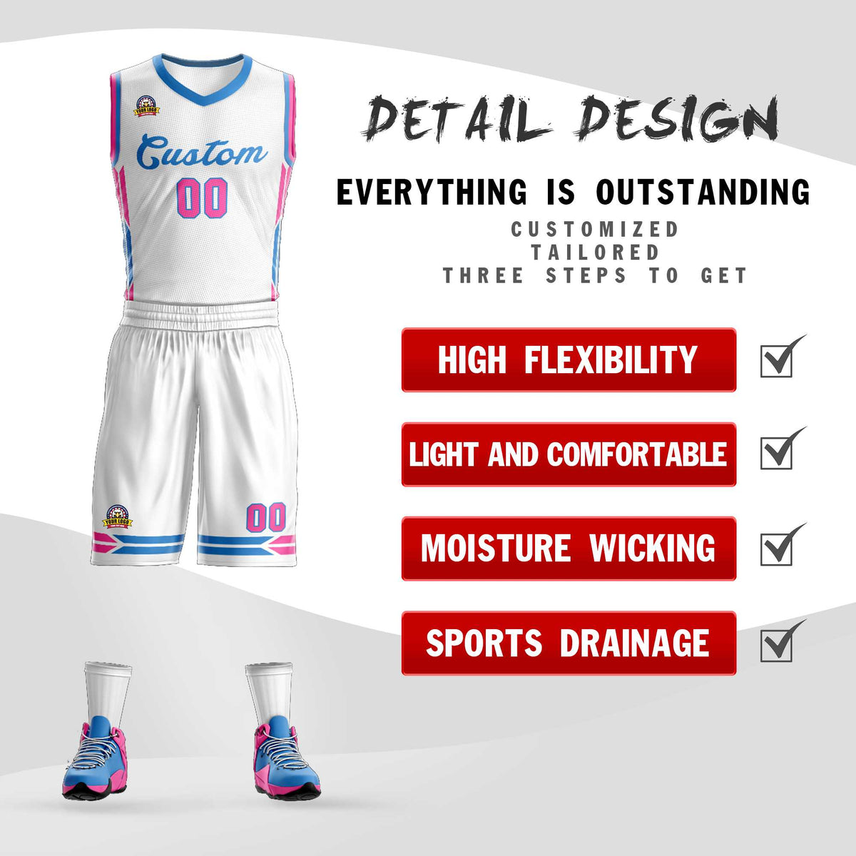 Custom White Powder Blue Classic Kits Mesh Basketball Jersey