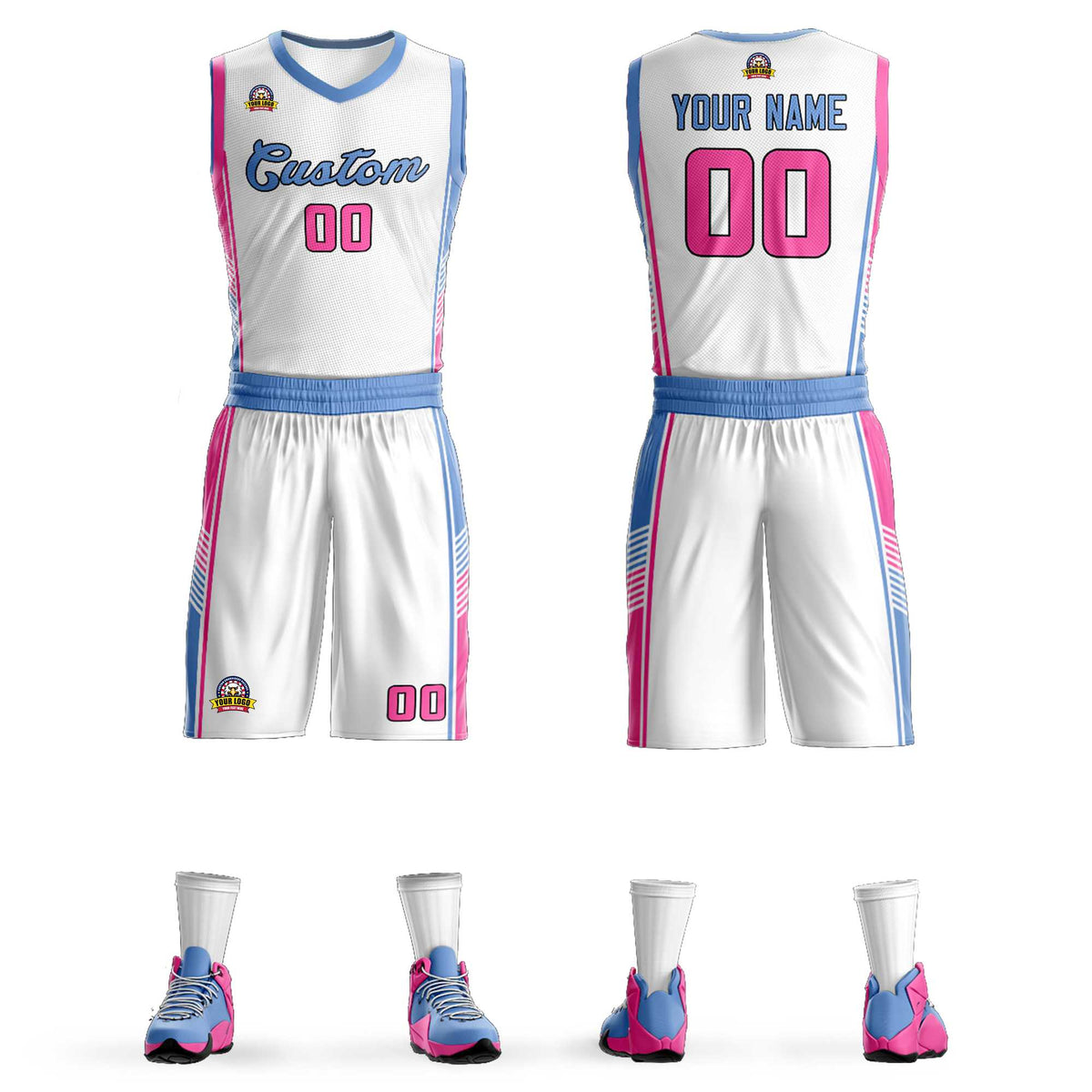 Custom White Light Blue-Pink Classic Kits Sports Uniform Basketball Jersey