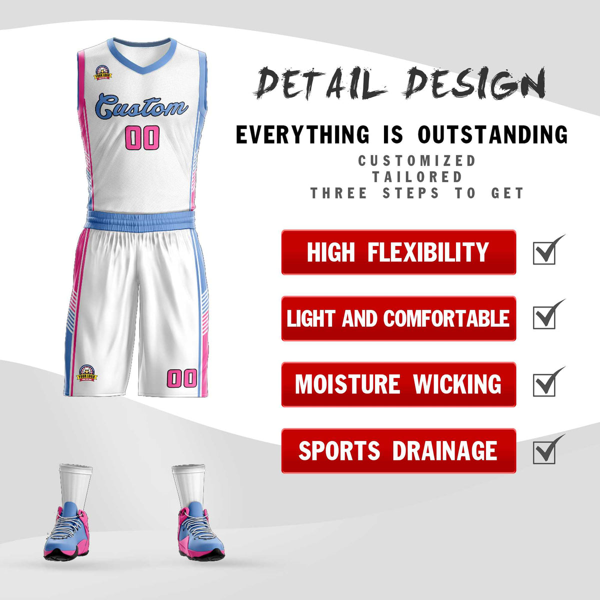 Custom White Light Blue-Pink Classic Kits Sports Uniform Basketball Jersey