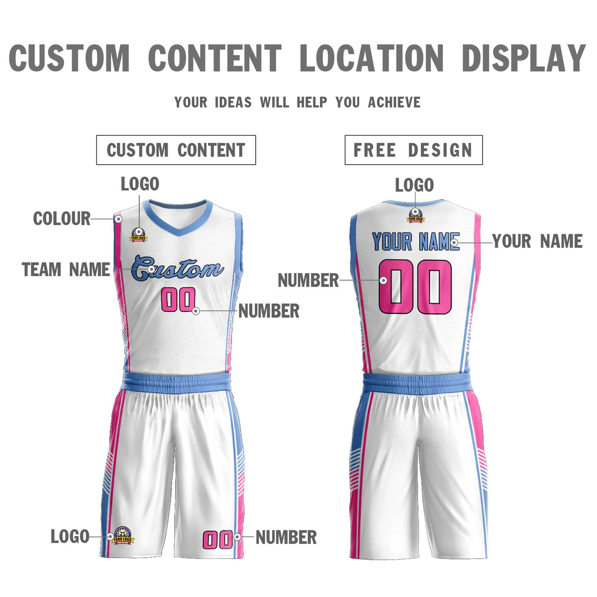 Custom White Light Blue-Pink Classic Kits Sports Uniform Basketball Jersey