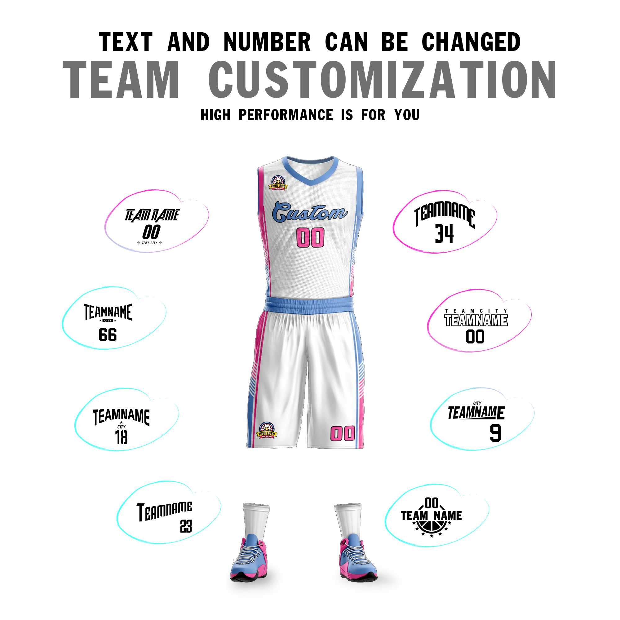 Custom White Light Blue-Pink Classic Kits Sports Uniform Basketball Jersey