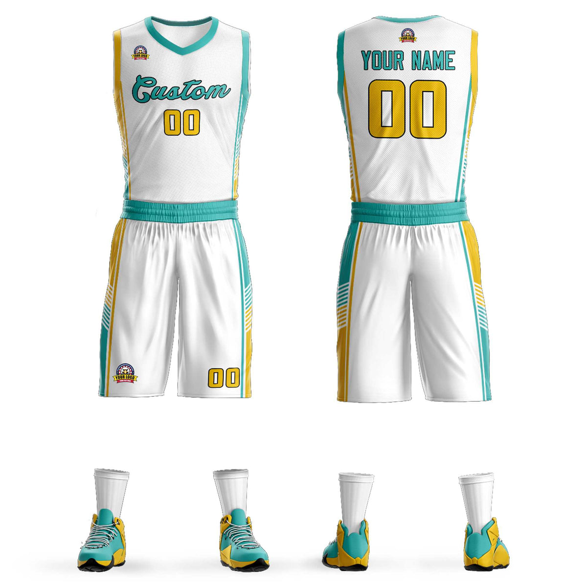 Custom White Aqua-Gold Classic Kits Sports Uniform Basketball Jersey