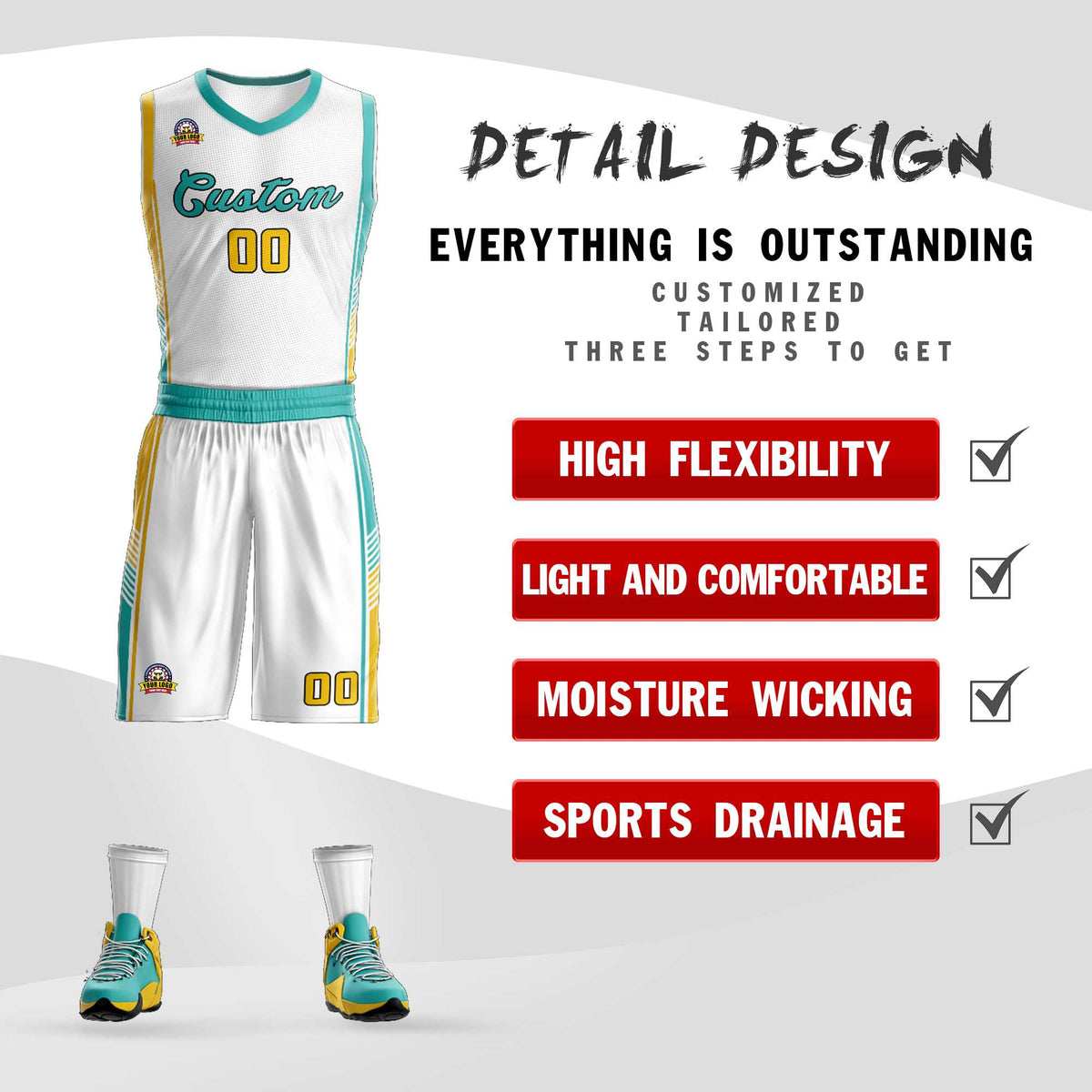 Custom White Aqua-Gold Classic Kits Sports Uniform Basketball Jersey