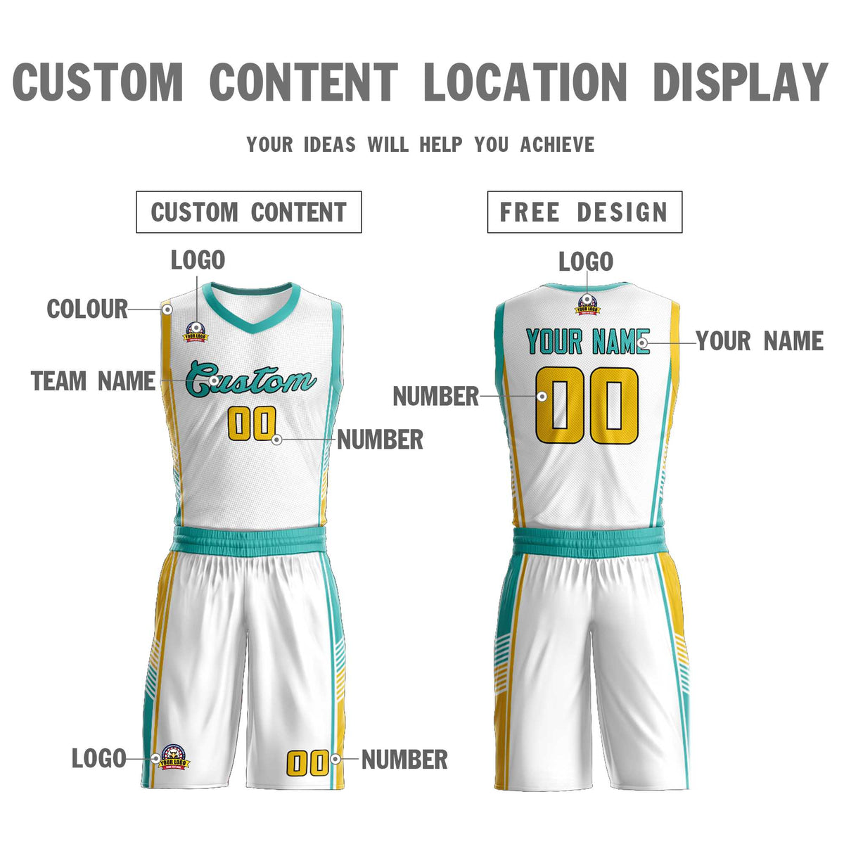 Custom White Aqua-Gold Classic Kits Sports Uniform Basketball Jersey