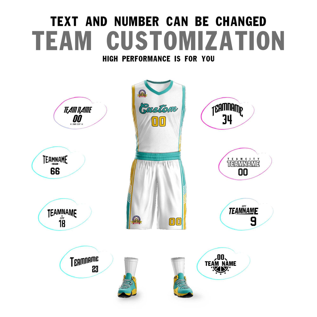 Custom White Aqua-Gold Classic Kits Sports Uniform Basketball Jersey