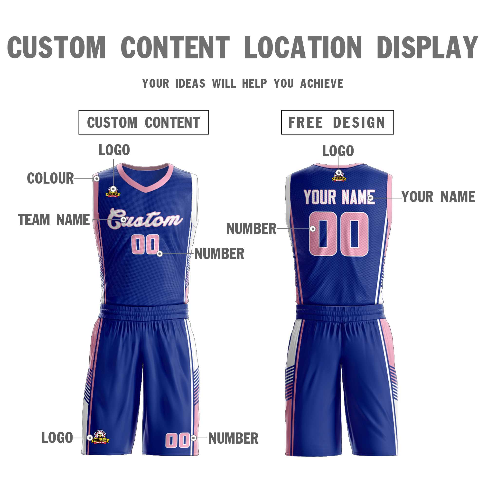 Custom Royal Pink-White Classic Kits Sports Uniform Basketball Jersey