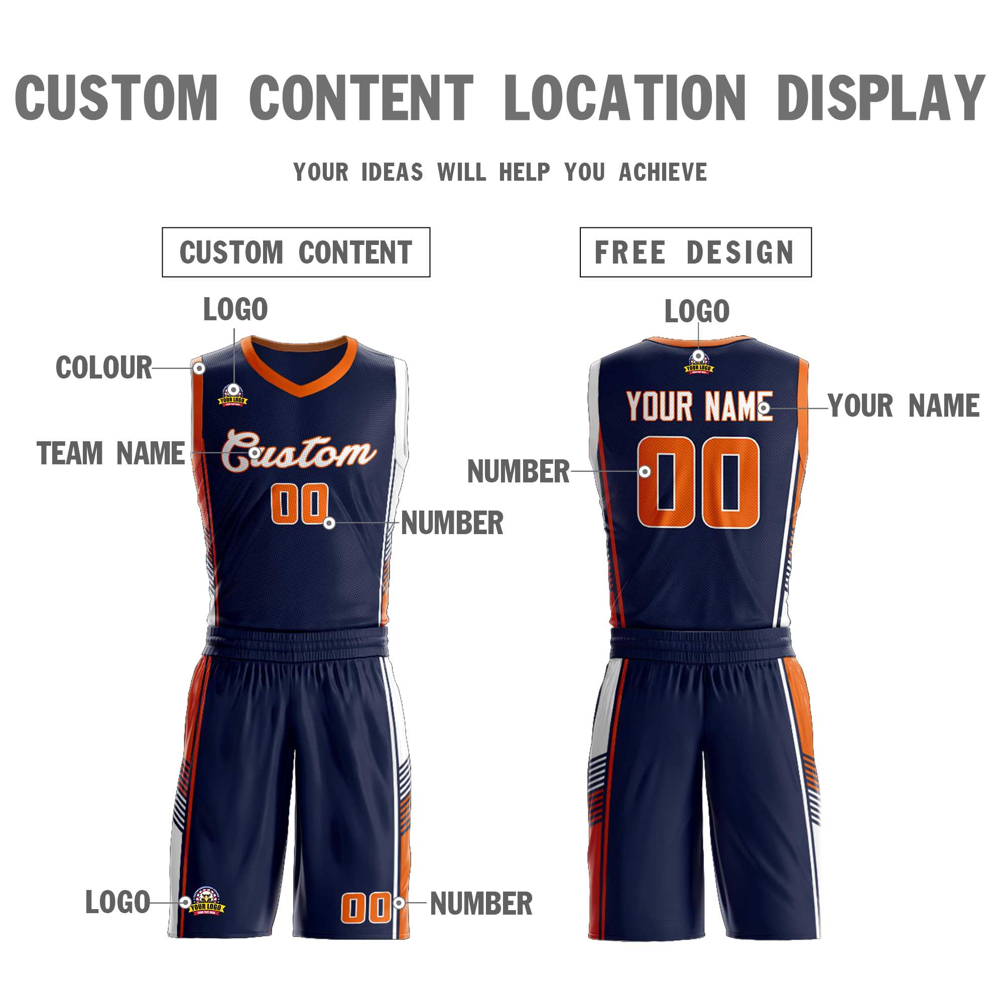 Custom Navy Orange-White Classic Kits Sports Uniform Basketball Jersey