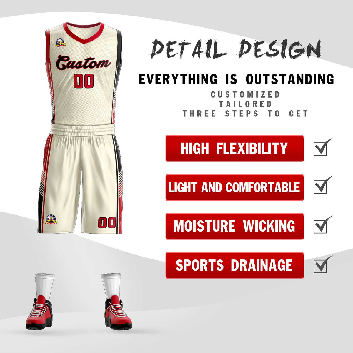 Custom Cream Red-Black Classic Kits Sports Uniform Basketball Jersey