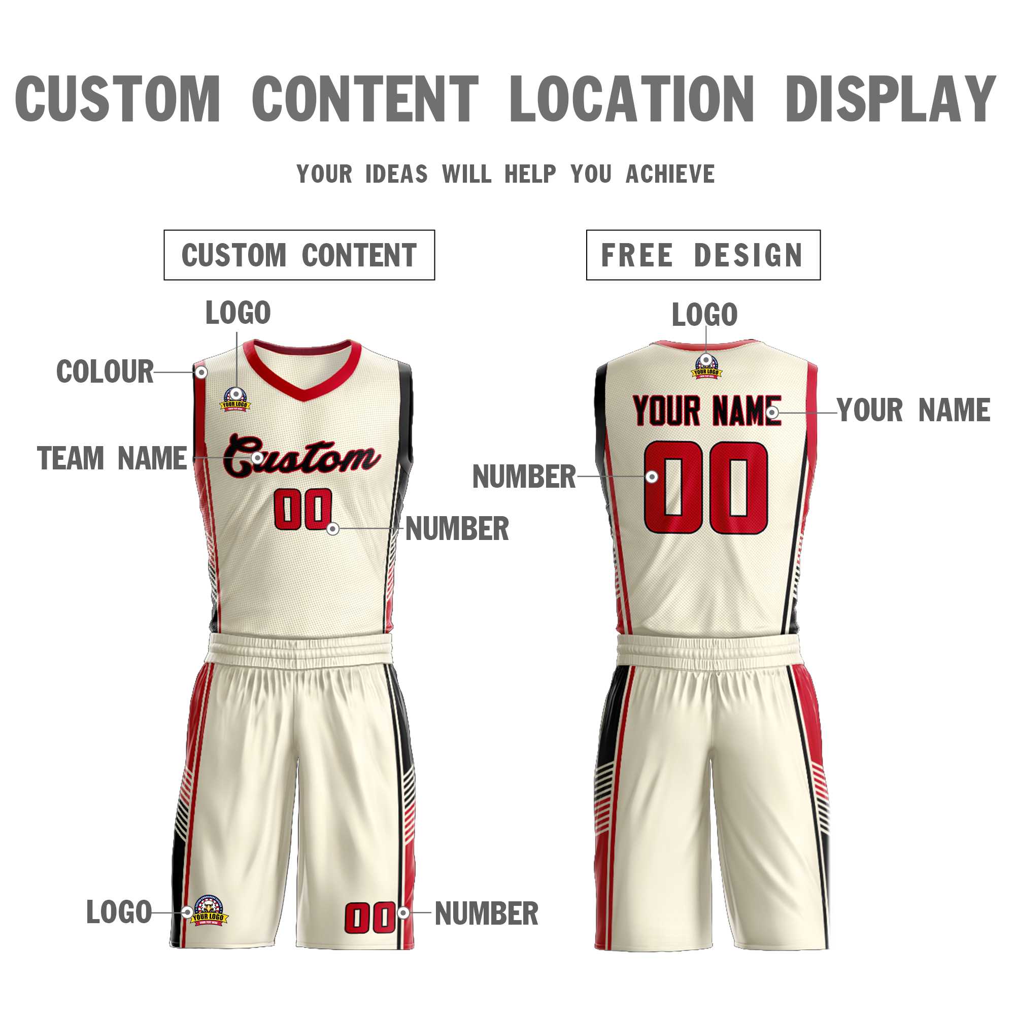 Custom Cream Red-Black Classic Kits Sports Uniform Basketball Jersey