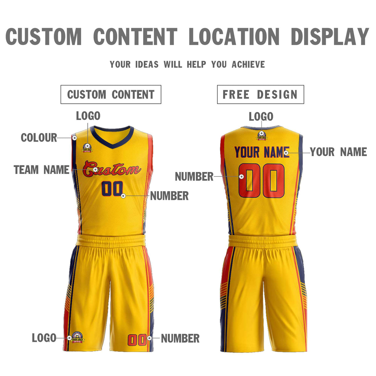 Custom Gold Navy-Orange Classic Kits Sports Uniform Basketball Jersey
