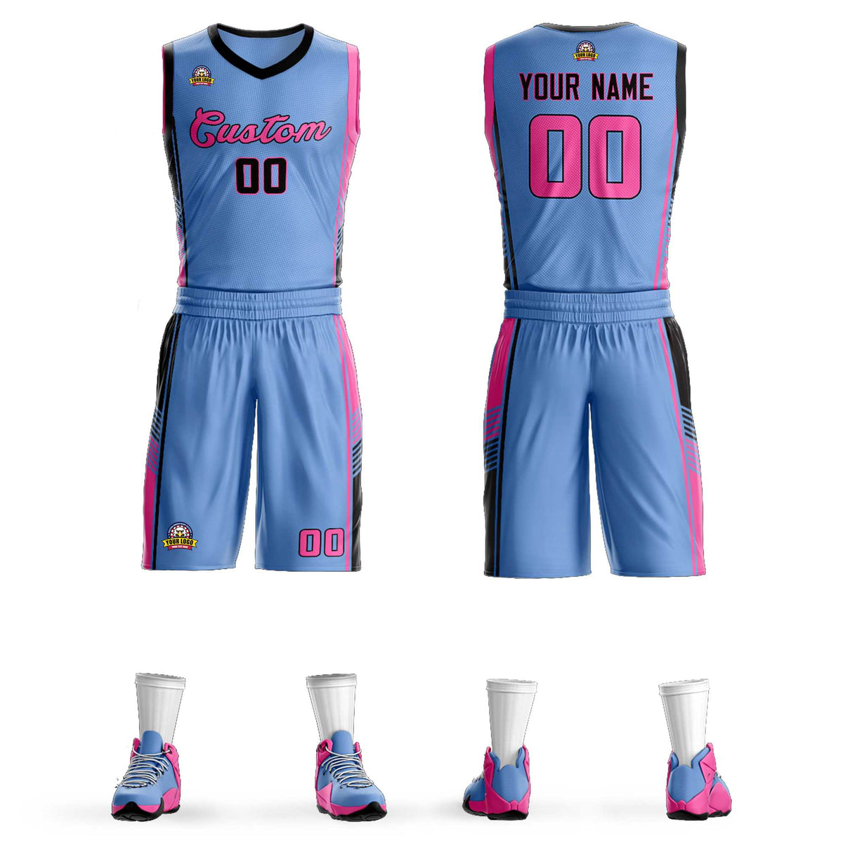 Benutzerdefinierte Hellblau Schwarz-Rosa Klassische Kits Sport Uniform Basketball Jersey