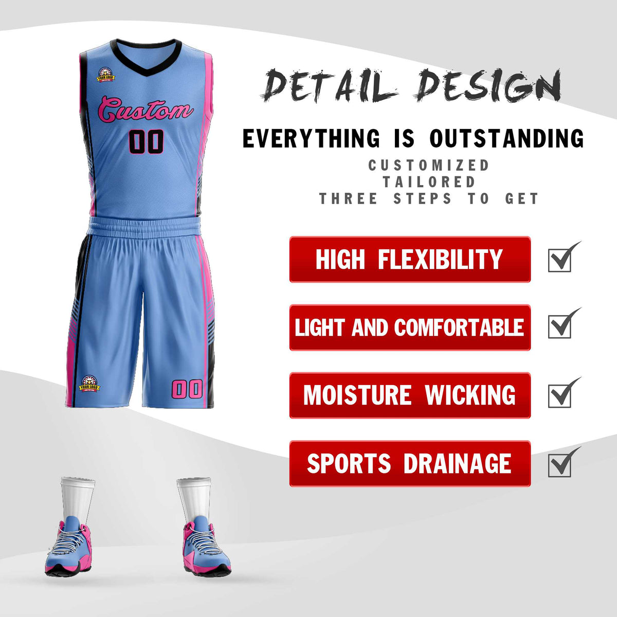 Benutzerdefinierte Hellblau Schwarz-Rosa Klassische Kits Sport Uniform Basketball Jersey